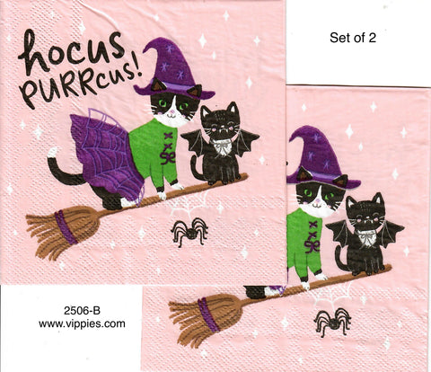 HWN-2506-B-S Set of 2 Cat Bat Broom Napkin for Decoupage