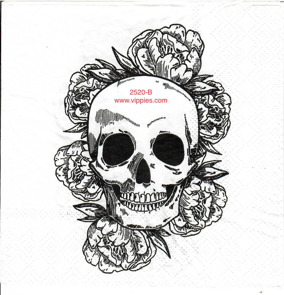 HWN-2520-B Black Ink Skull Roses Napkin for Decoupage