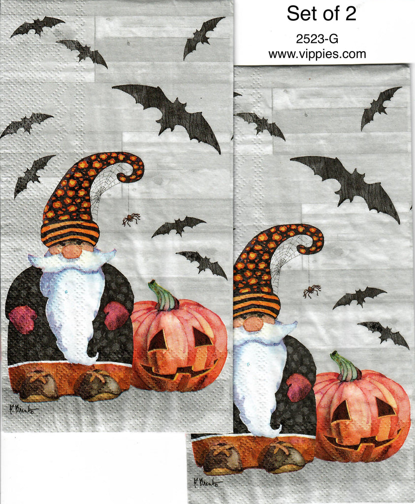 HWN-2523-G-S Set of 2 Wizard Gnome Pumpkin Bats Guest Napkin for Decoupage