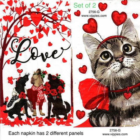 LVY-2756-G-S Set of 2 Dogs and Cat Hearts Guest Napkins for Decoupage