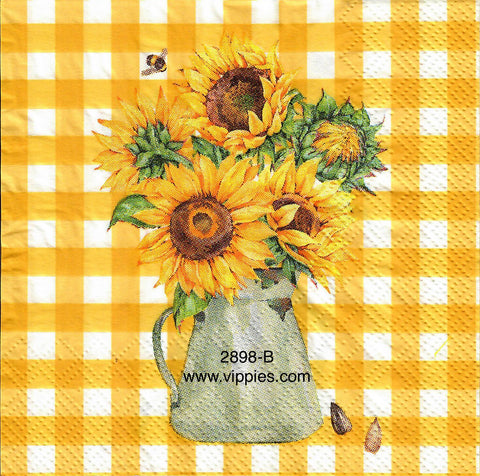 NS-2898-B Pot Sunflowers Yellow Check Napkin for Decoupage