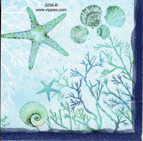 NS-3256-B Aqua Starfish Shells Coral Napkin for Decoupage