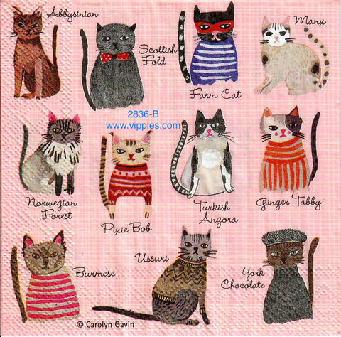 PT-2836-B Pink Kitty Breeds Napkin for Decoupage