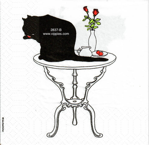 PT-2837-B Black Cat on Table Napkin for Decoupage