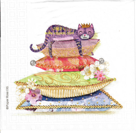 PT-2857-L Princess Cat with Pillows Napkin for Decoupage