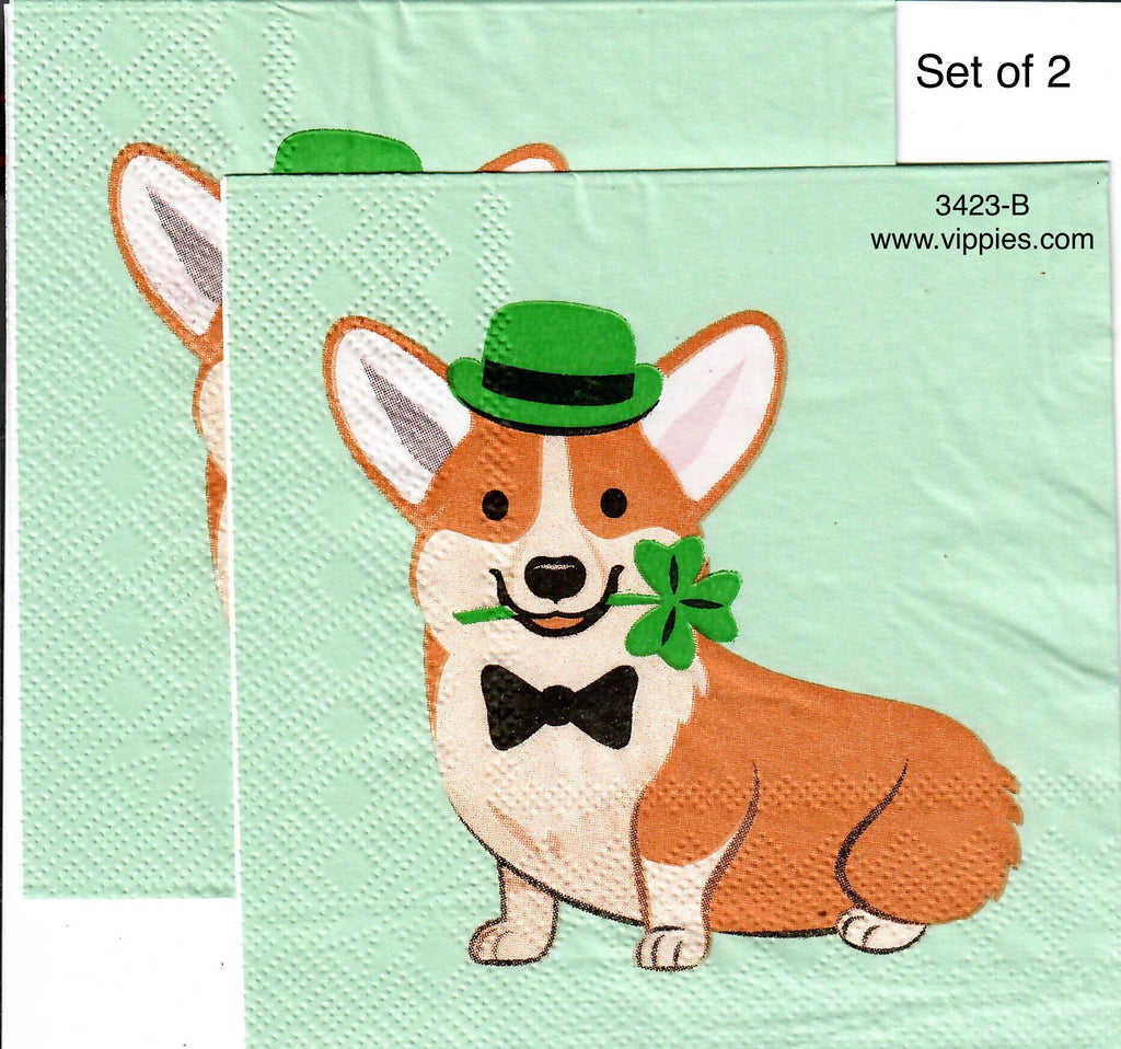 SPD-3423-B-S Set of 2 - Corgi St. Patricks Napkins for Decoupage