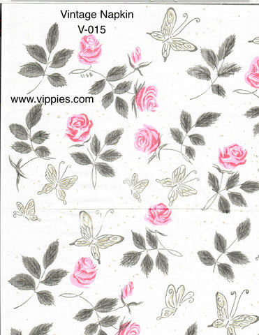 VNT-015-V Vintage Pink Roses, Leaves, Butterflies Vintage Napkin