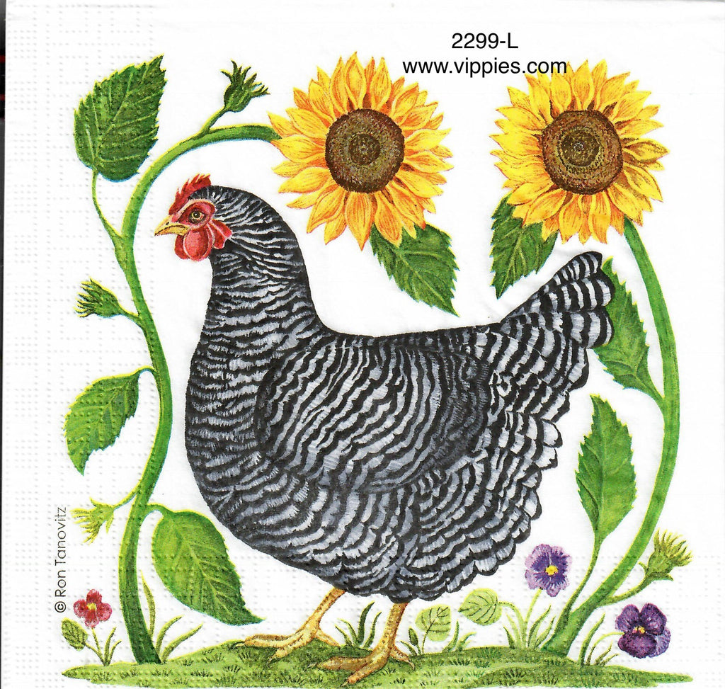 ANIM-2299-L Black and White Hen Sunflowers Napkin for Decoupage