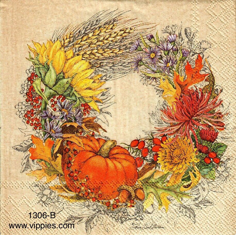 AT-1306-B Wheat Pumpkin Wreath Napkin for Decoupage