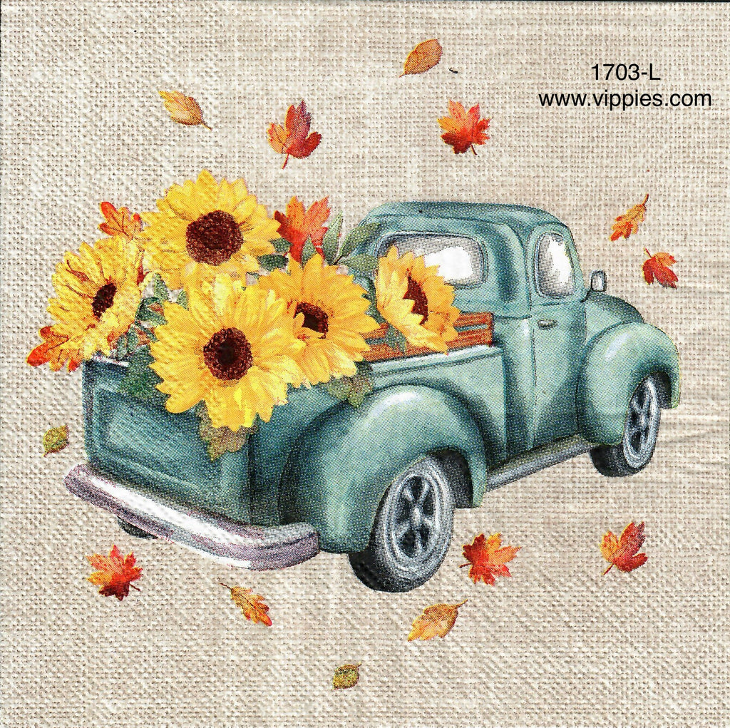AT-1703-L Blue Pickup Sunflowers Leaves Napkin for Decoupage