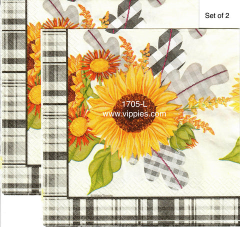 AT-1705-L-S Set of 2 Large Sunflower Plaid Border Luncheon Napkins for Decoupage