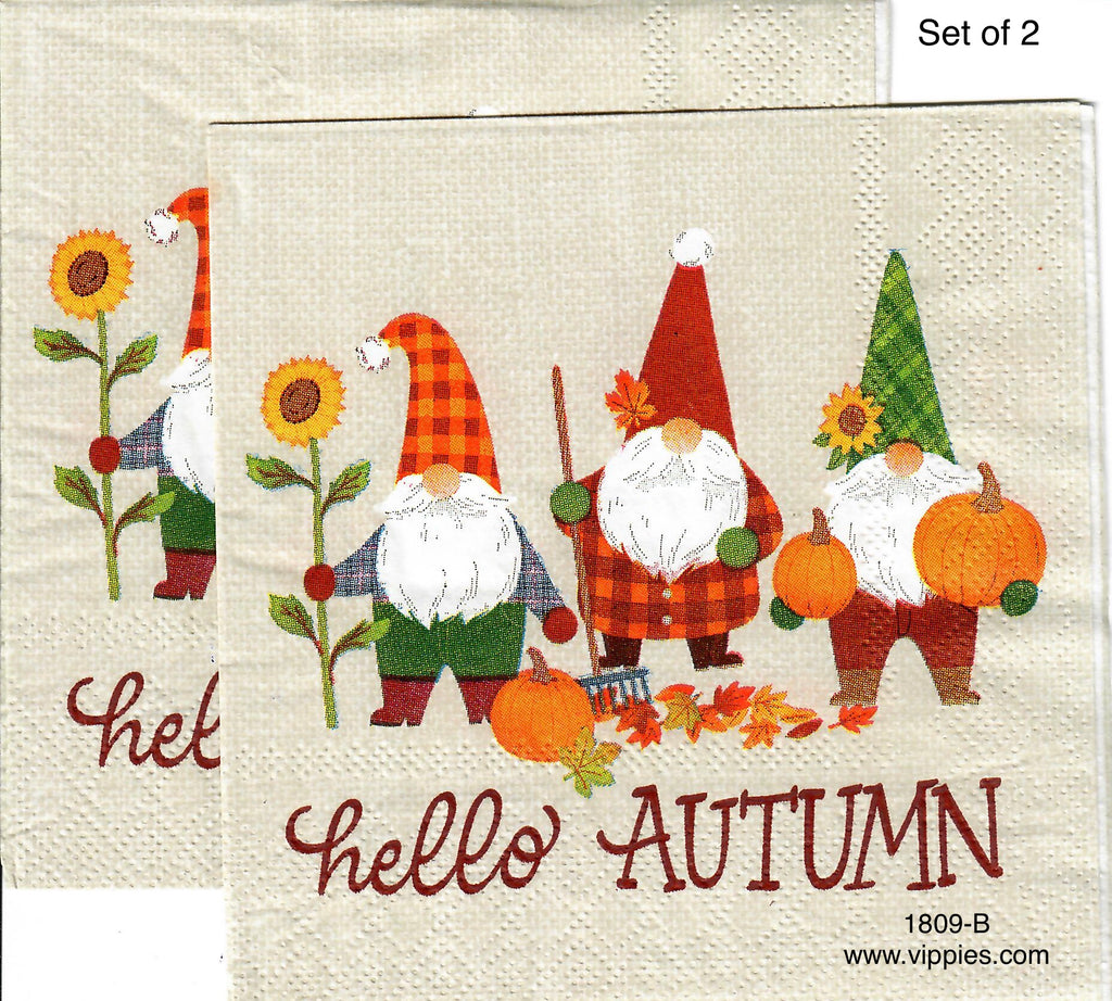 AT-1809-B-S Set of 2 Hello Autumn Gnomes Pumpkins Napkins for Decoupage