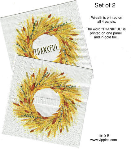 AT-1910-B-S Set of 2 Thankful Wreath Wheat Napkins for Decoupage