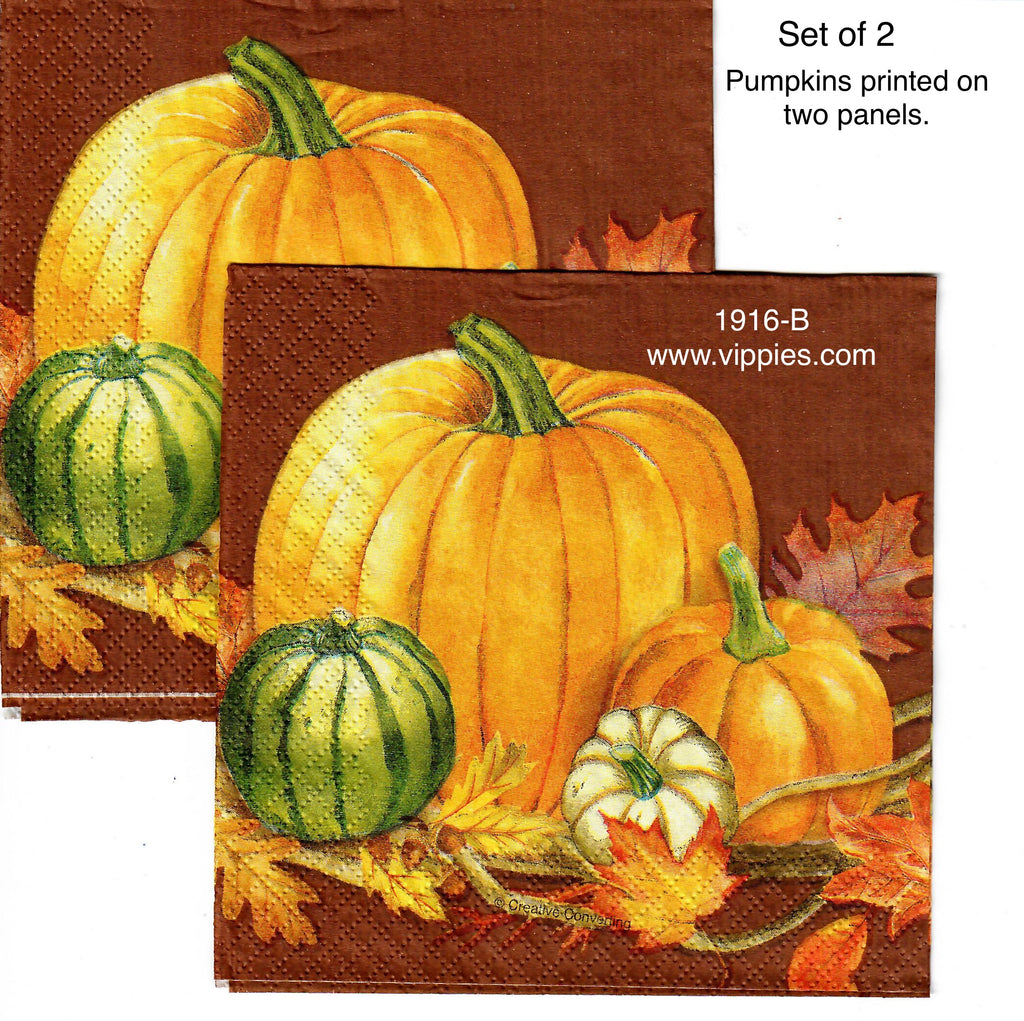 AT-1916-B-S Set of 2 Four Pumpkins Leaves Napkins for Decoupage
