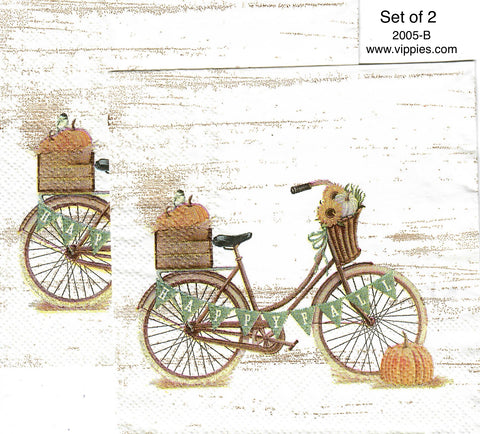 AT-2005-B-S Set of 2 Happy Fall Bike Pumpkins Napkins for Decoupage