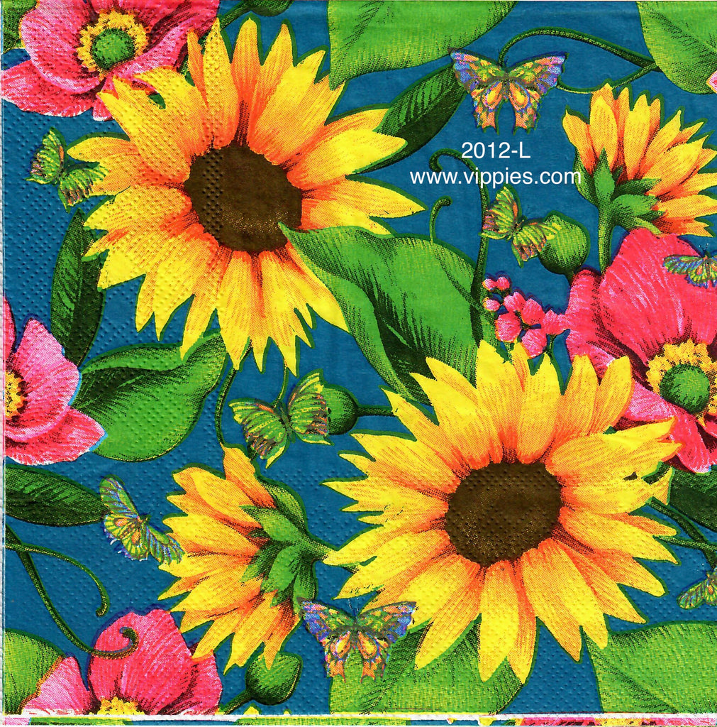 AT-2012-L Sunflowers Rose on Blue Napkin for Decoupage