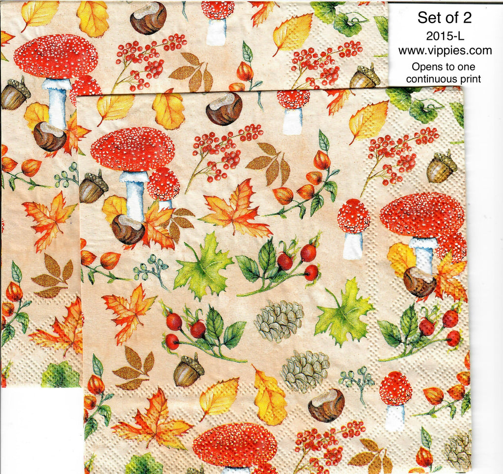 AT-2015-L-S Set of 2 Leaves Mushrooms Luncheon Napkins for Decoupage