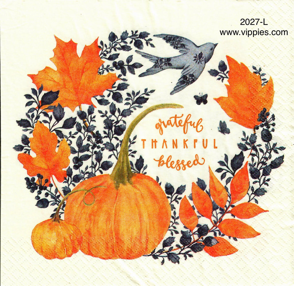AT-2027-L Grateful Thankful Blessed Birds Pumpkin Napkin for Decoupage
