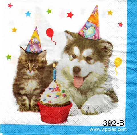 BDAY-392 Pup and Kitty Cupcake Napkin for Decoupage