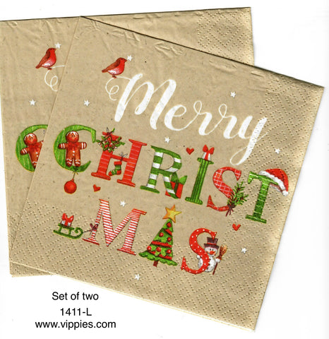 C-1411-L-S Set of 2 Decorated Merry Christmas Napkins for Decoupage