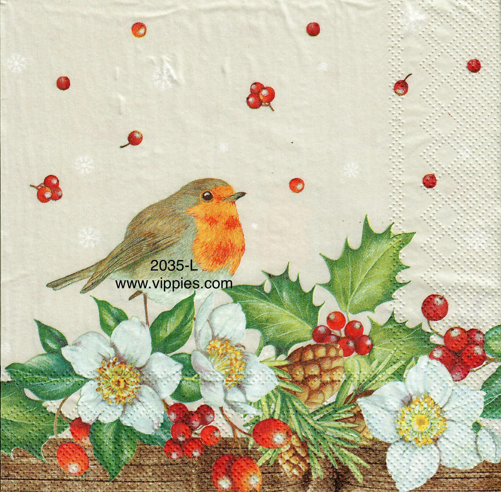 C-2035-L Robin Berries Holly Napkin for Decoupage