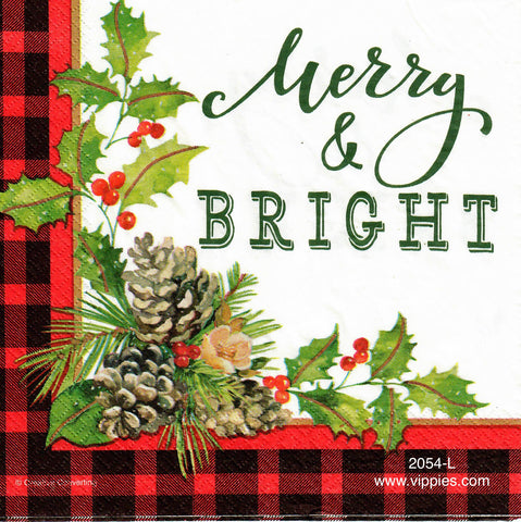 C-2054-L Merry and Bright Holly Cones Checks Napkin for Decoupage