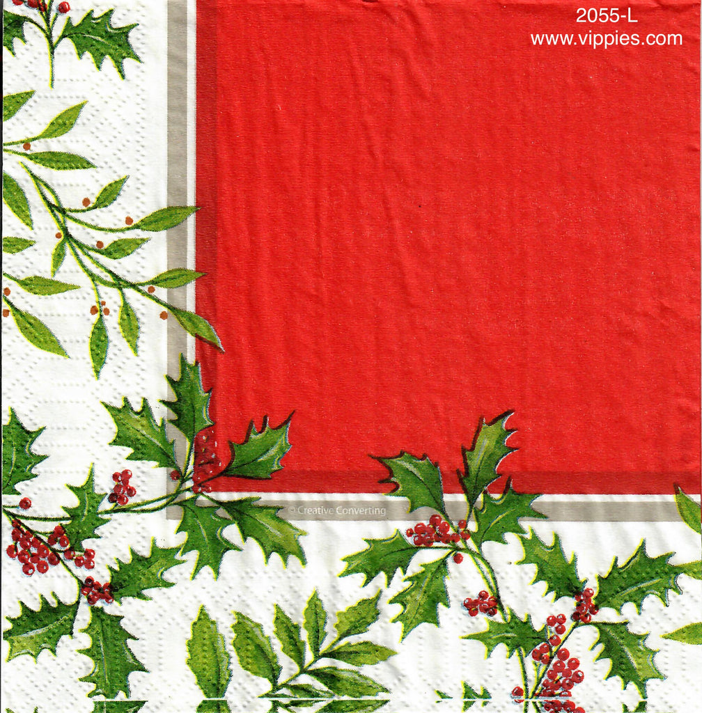 C-2055-L Red with Holly Border Napkin for Decoupage