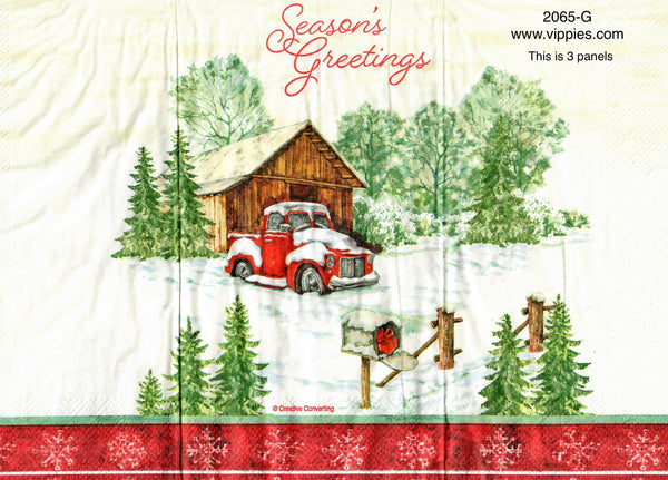 C-2065-G Seasons Greetings Barn Red Truck Guest Napkin for Decoupage