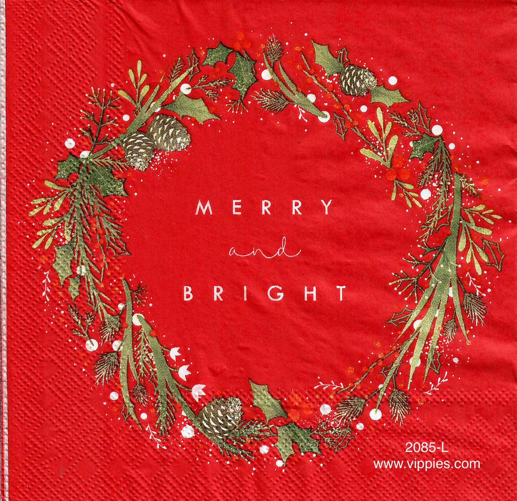 C-2085-L Red Wreath Merry and Bright Napkin for Decoupage