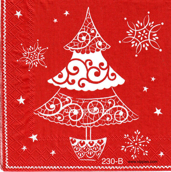 C-230 White Lacy Tree Red Background Napkin for Decoupage
