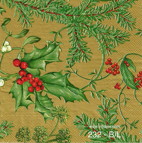 C-232 Holly Berries Gold Napkin for Decoupage