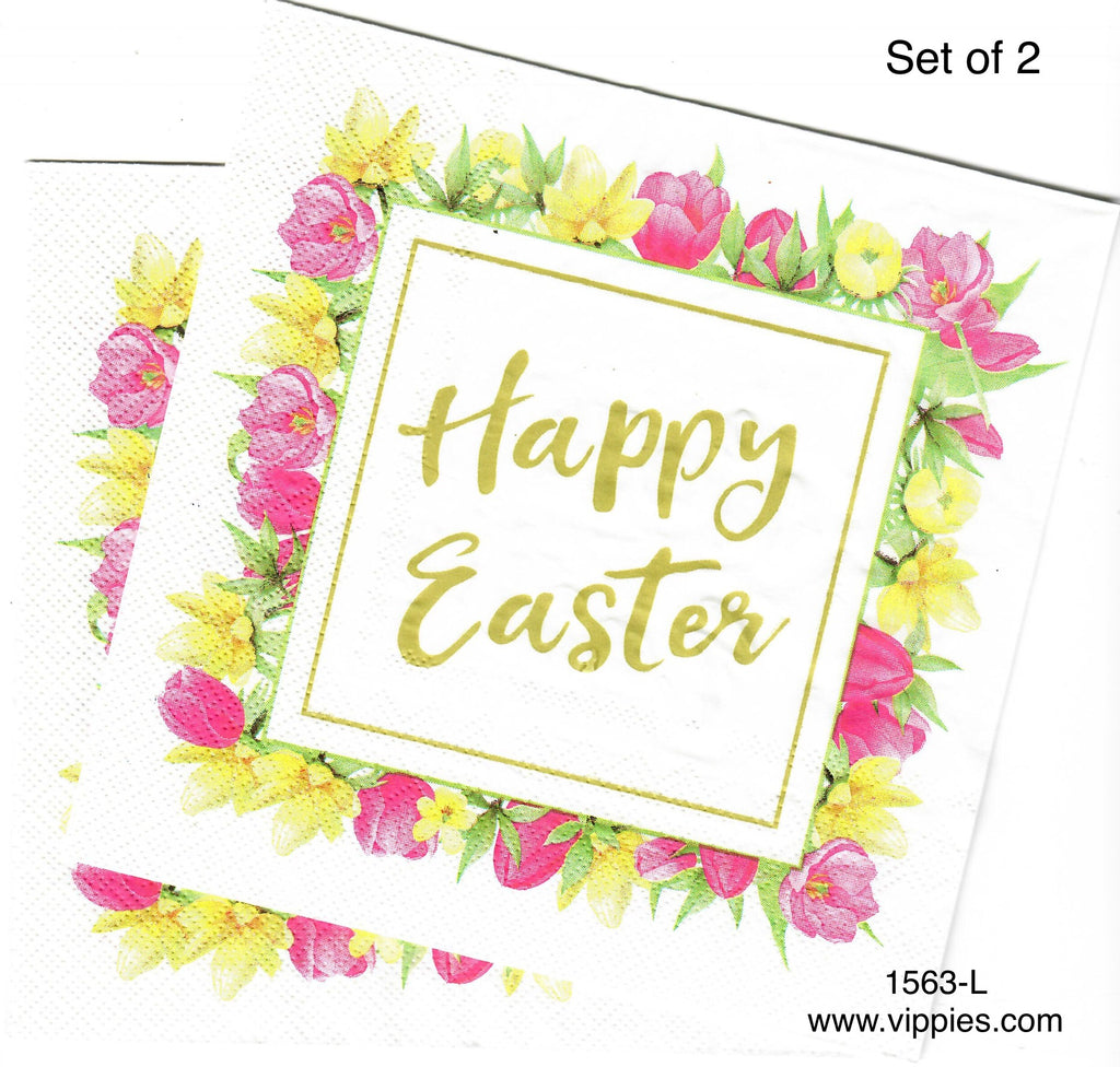 EAST-1563-L-S Set of 2 Happy Easter Flower Border Luncheon Napkins for Decoupage