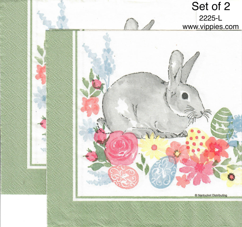 EAST-2225-L-S Set of 2 Bunny on Flowers Green Border Luncheon Napkins for Decoupage