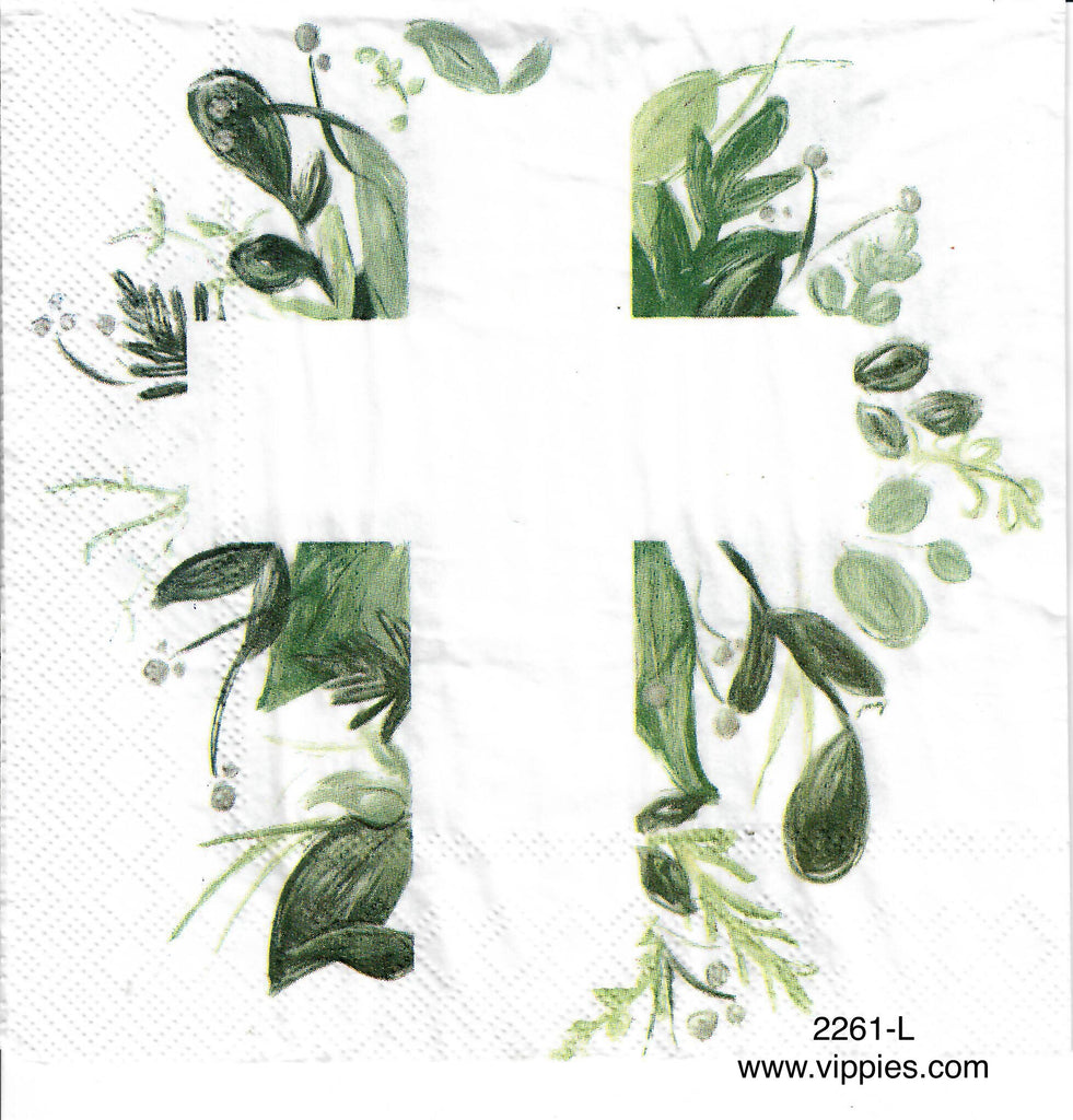 EAST-2261-L White Cross Green Flowers Luncheon Napkin for Decoupage