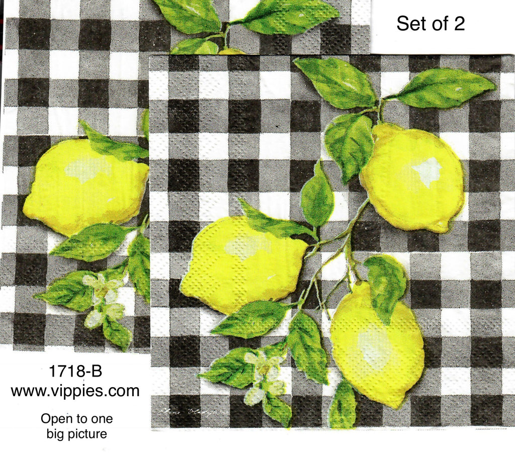 FD-1718-B-S Set of 2 Lemons Black Check Background Napkins for Decoupage