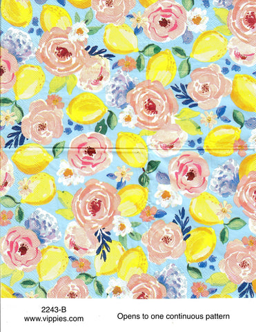 FD-2243-B Lemons Roses on Blue Napkin for Decoupage