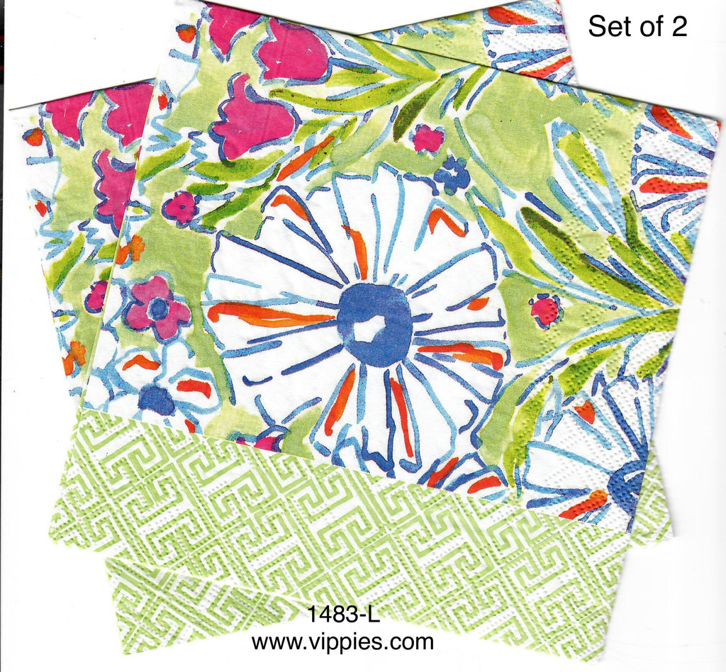 FL-1483-L-S Set of 2 Blue Green Garden Lattice Beverage Napkins for Decoupage