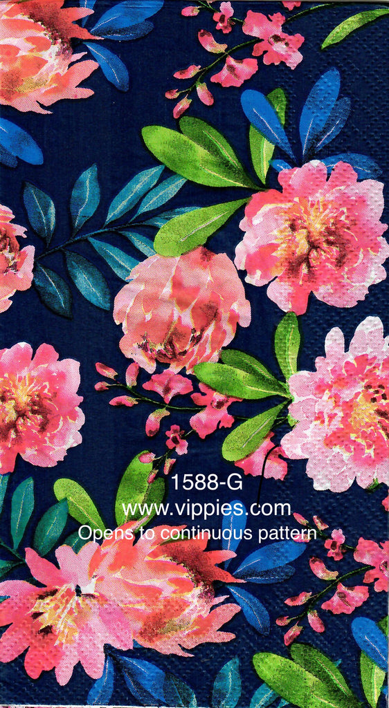 FL-1588-G Pink Floral on Black Guest Napkin for Decoupage