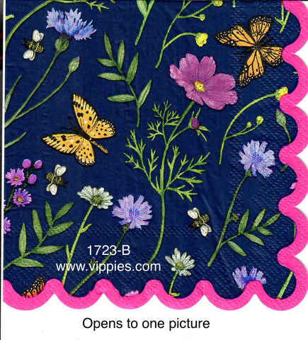 FL-1723 Dark Blue Floral Pink Border Napkin for Decoupage