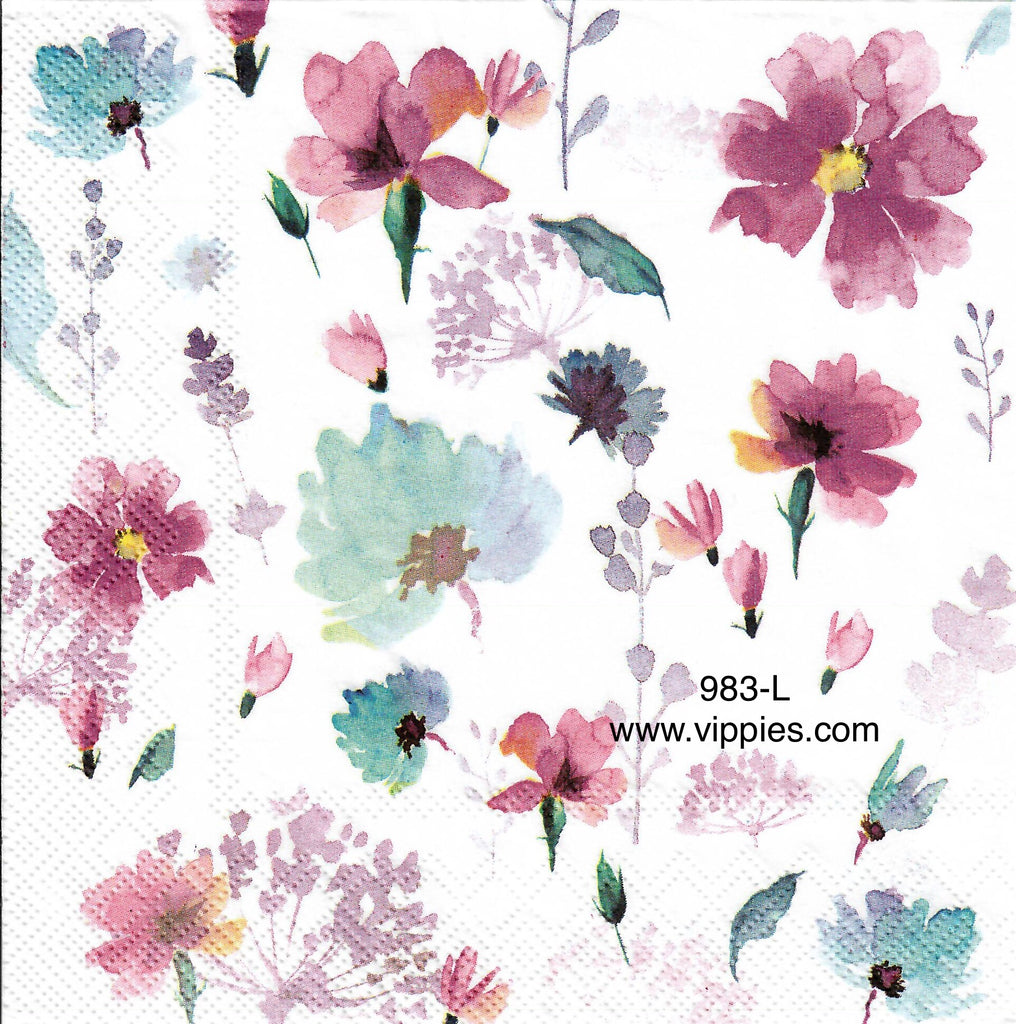 FL-983 Pink Blue Pressed Flowers Napkin for Decoupage