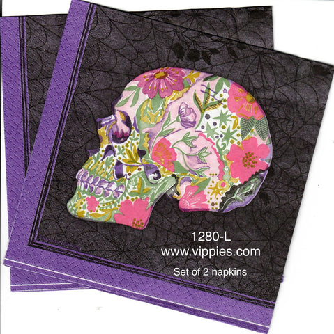 HWN-1280-S Set of 2 Floral Skull Profile Napkins for Decoupage