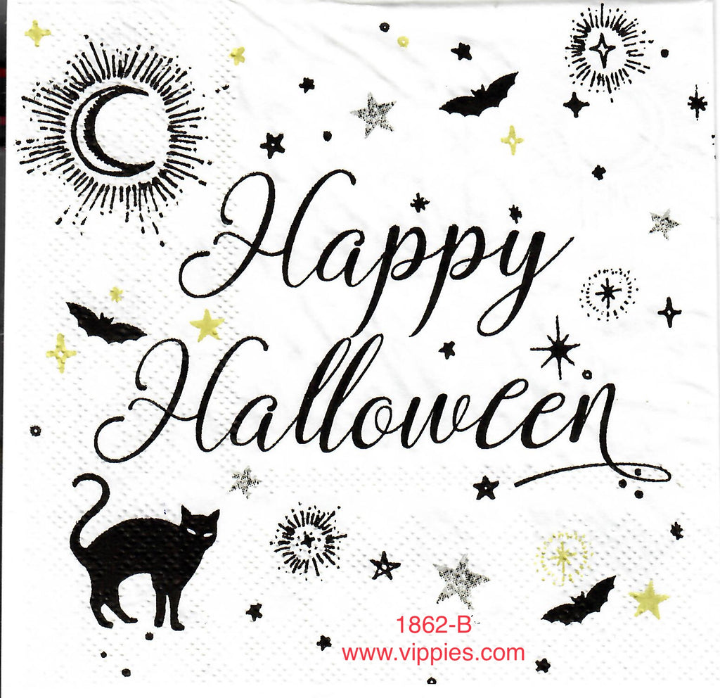 HWN-1862 Happy Halloween Cat Moon Sparkles Napkin for Decoupage