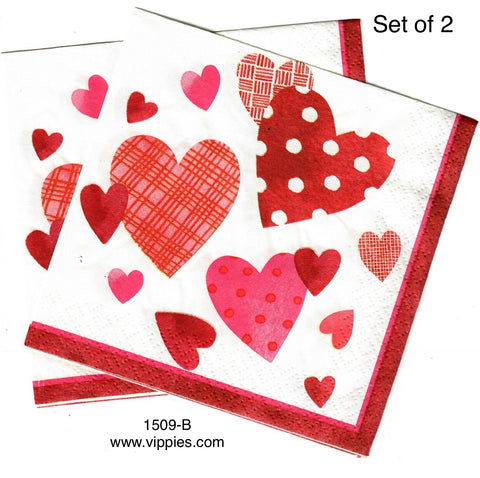 LVY-1509-B-S Set of 2 Pattern Hearts Red Border Napkins for Decoupage