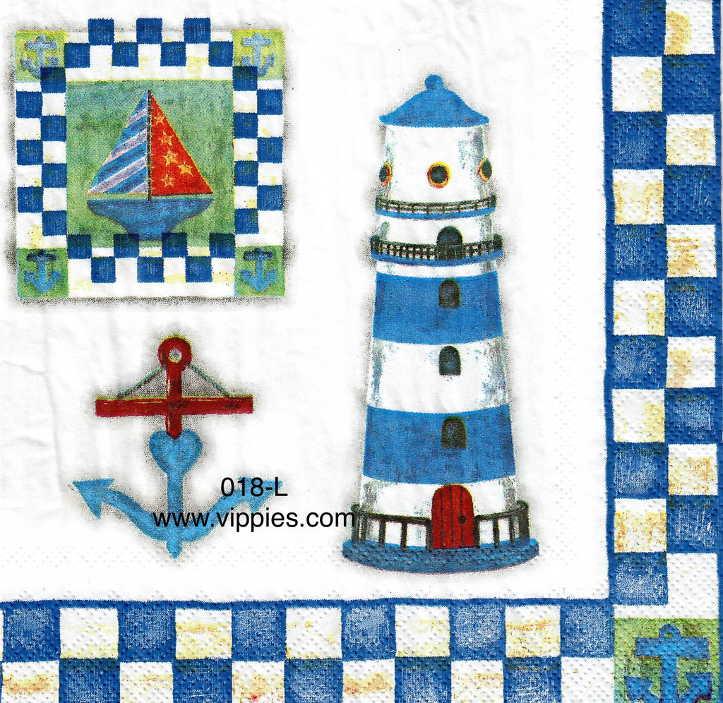 NS-018 Lighthouse Gull Blue Check Border Napkin for Decoupage