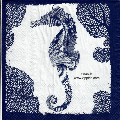 NS-2346-B Navy Seahorse Lacey Plant Napkin for Decoupage