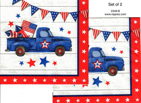 PAT-2349-B-S Set of 2 Blue Pickup Star Border Flags Napkins for Decoupage