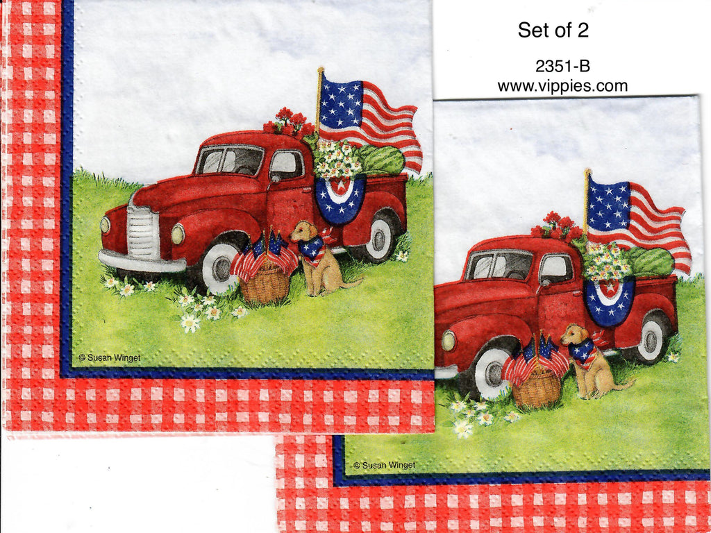PAT-2351-B-S Set of 2 Red Pickup Golden Flag Check Border Napkins for Decoupage
