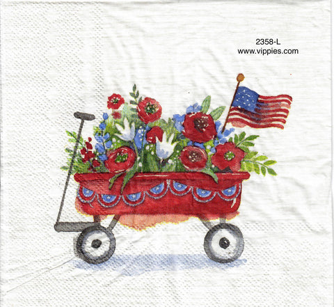 PAT-2358-L Red Wagon Flowers Flag Napkin for Decoupage