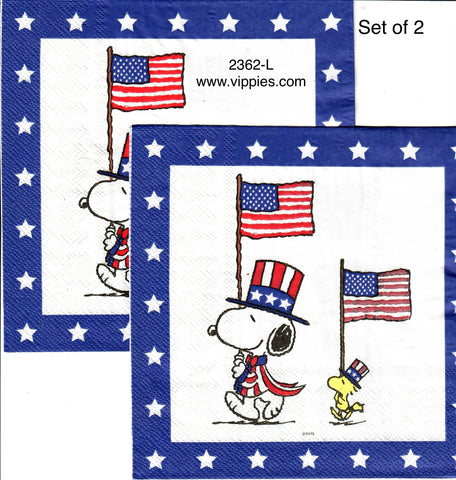 PAT-2362-L-S Set of 2 Snoopy Woodstock Flag Luncheon Napkins for Decoupage