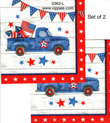 PAT-2363-L-S Set of 2 Blue Pickup Stars Border Flag Luncheon Napkins for Decoupage